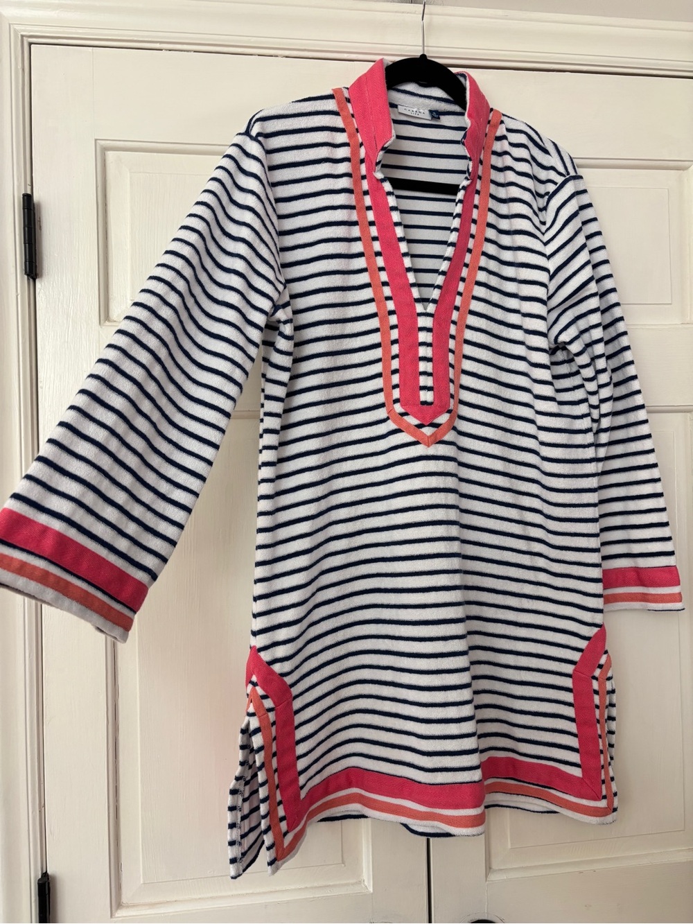 Cabana Life Navy & White Striped Terry Cloth Swim Coverup Coral Trim Size XL - Picture 5 of 11